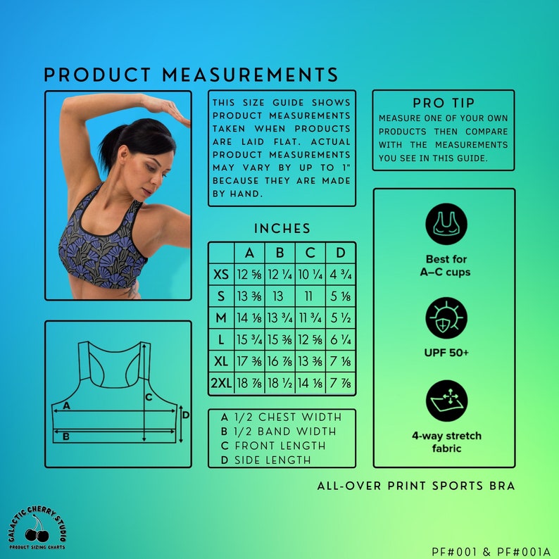 May include: A size chart for a sports bra with measurements in inches. The chart shows the chest width, band width, front length, and side length for sizes XS to 2XL. The bra is described as an all-over print sports bra with 4-way stretch fabric and UPF 50+ protection. The bra is best for A-C cups.