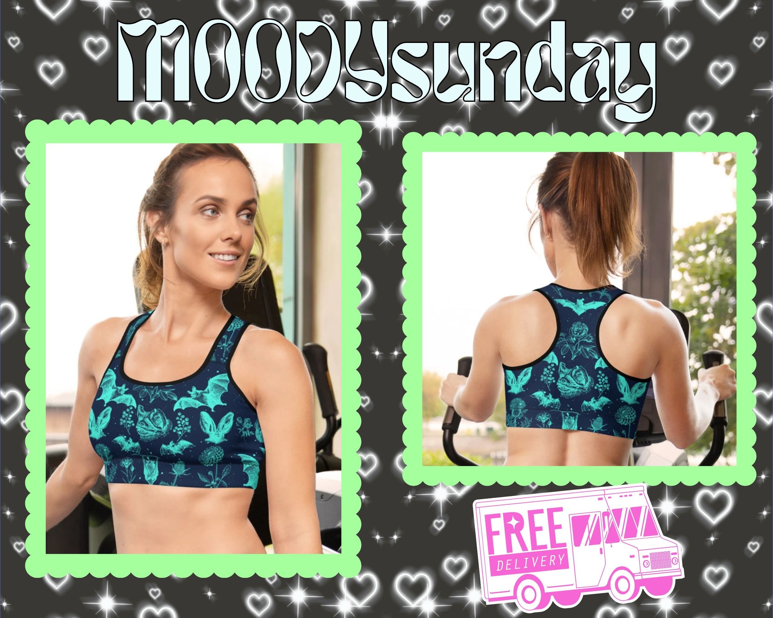 BAT FLORAL Sports Bra, Cute Bat Activewear, Wild Flowers, Botanical Bat ...