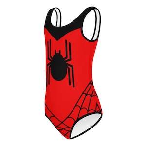 SPIDER WEB Inspired Kids Swimsuit Spider Girl One-Piece Swimsuit RED with Black Spider Spidergwen superhero swimsuit, kids costume