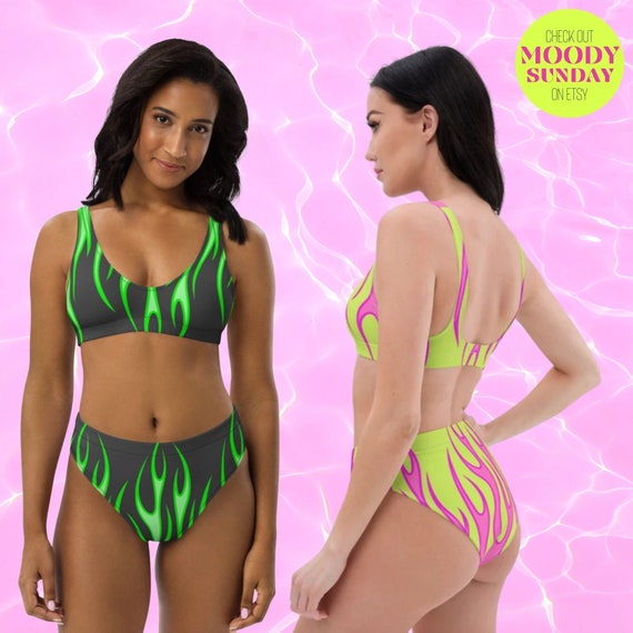 FLAME Bikini NEON GREEN Fire Recycled High-waisted Bikini Alt Swimsuit  Alternative Swimwear Alt Bikini 