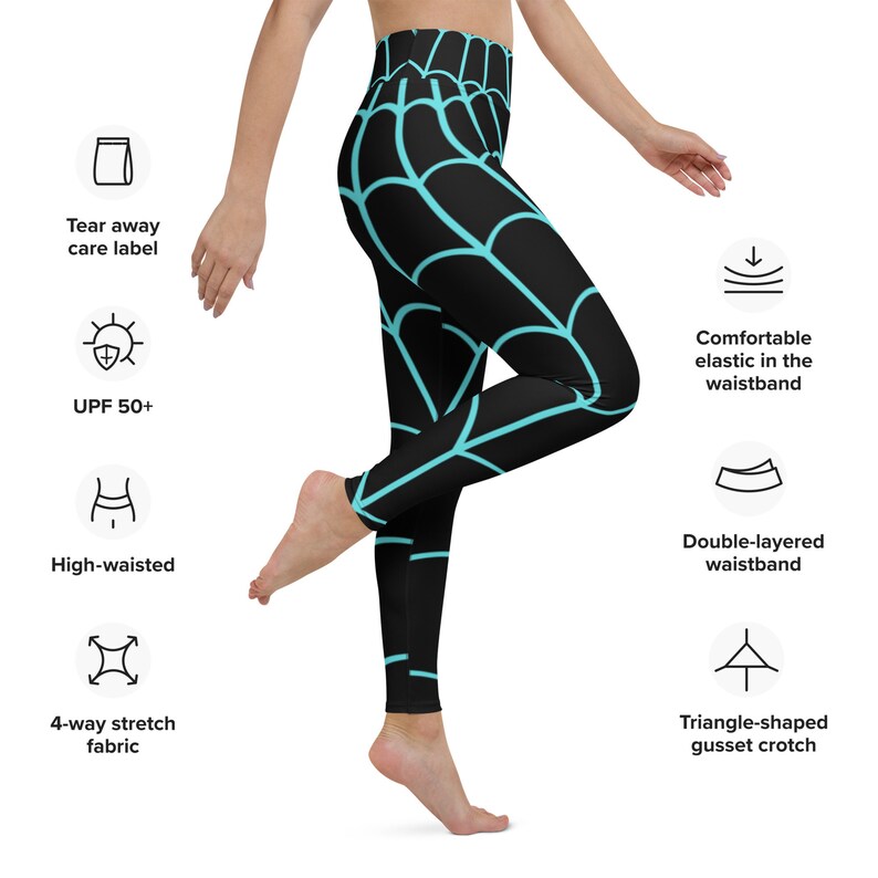 May include: Black leggings with a blue spiderweb pattern. The leggings have a high waistband, a double-layered waistband, and a triangle-shaped gusset crotch. The leggings are made of 4-way stretch fabric and have a tear-away care label. The leggings also have a UPF 50+ rating.