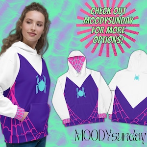 SPIDER GWEN Unisex Hoodie Spider Web hoodie, Cosplay top, tshirt costume for adults, purple sweater with neon cyan spider logo, pink webbing