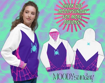SPIDER GWEN Unisex Hoodie Spider Web hoodie, Cosplay top, tshirt costume for adults, purple sweater with neon cyan spider logo, pink webbing
