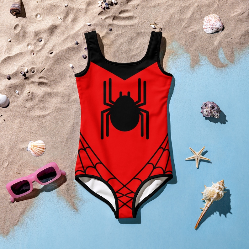 SPIDER WEB Inspired Kids Swimsuit Spider Girl One-Piece Swimsuit RED with Black Spider Spidergwen superhero swimsuit, kids costume