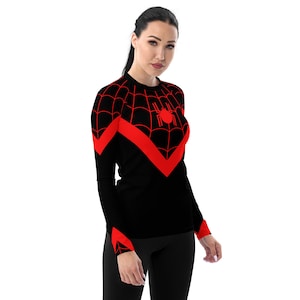 SPIDER MILES Women&#39;s Rash Guard, superhero costume for adults, Womens spider costume, blue and red spider Parker t-shirt
