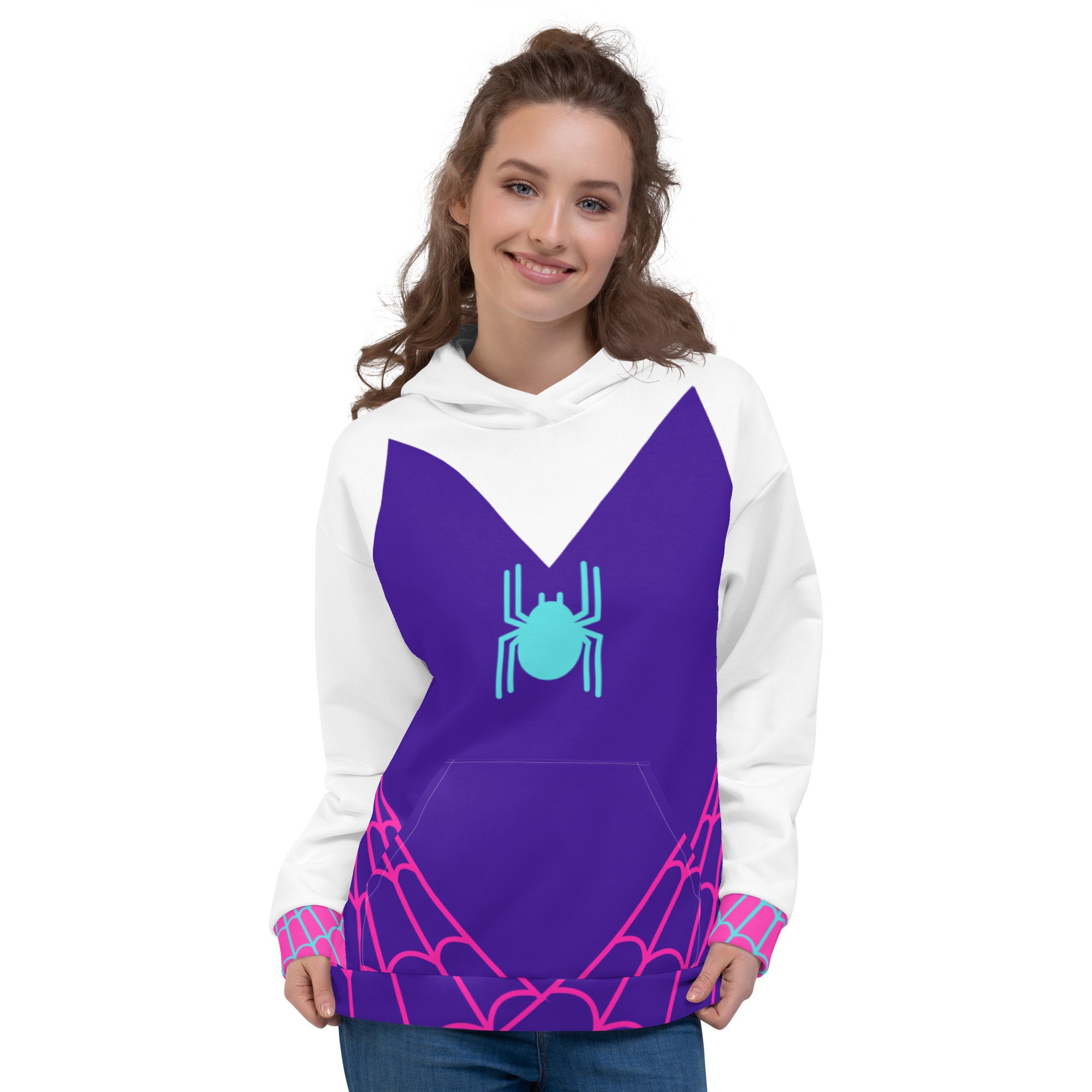 SPIDER GWEN Unisex Hoodie Spider Web Hoodie, Cosplay Top, Tshirt Costume for Adults, Purple Sweater With Neon Cyan Spider Logo, Pink Webbing - Etsy SPIDER GWEN Unisex Hoodie Spider Web Hoodie, Cosplay Top, Tshirt Costume for Adults, Purple Sweater With Neon Cyan Spider Logo, Pink Webbing - Etsy