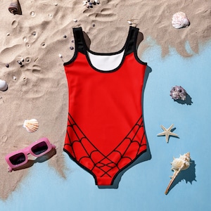 SPIDER WEB Inspired Kids Swimsuit Spider Girl One-Piece Swimsuit RED with Black Spider Spidergwen superhero swimsuit, kids costume