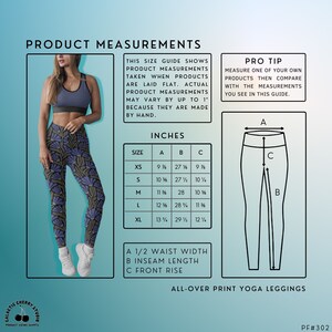 May include: A size chart for all-over print yoga leggings. The chart shows measurements in inches for waist width, inseam length, and front rise. The chart includes sizes XS, S, M, L, and XL.