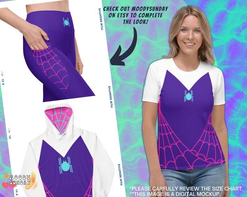 K&ouml;nnte beinhalten: Ein wei&szlig;er Hoodie mit einem violetten Spinnennetz-Design und einer blauen Spinnengrafik. Der Hoodie hat eine wei&szlig;e Kapuze mit einem violetten Spinnennetz-Design. Der Hintergrund ist ein digitales Bild eines violetten und gr&uuml;nen Farbverlaufs.