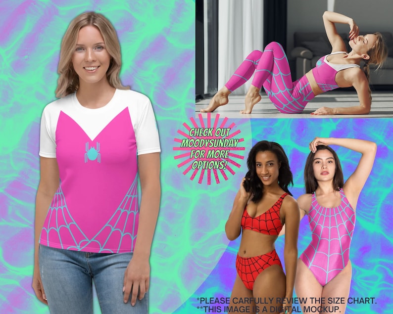 Puede incluir: Un patr&oacute;n de telara&ntilde;a rosa y azul se presenta en una variedad de prendas de vestir, incluyendo una camiseta, leggings, un traje de ba&ntilde;o y un top de bikini. El texto "CHECK OUT MOODYSUNDAY FOR MORE OPTIONS!" tambi&eacute;n se incluye en la imagen.
