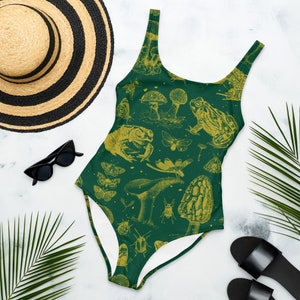 MUSHROOM FORESTCORE GREEN One-Piece Swimsuit, forest core, Cottage core, Cottagecore, bohemian swimwear, Frog Butterfly Moth, Bug, insect