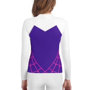 TEEN SIZED Spider Gwen Rash Guard, Spidergwen shirt for Teenager, girls superhero costume, Youth spider costume, Spider Gwen top for girls