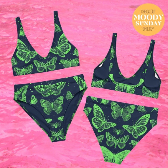 BUTTERFLY MOTH SWIMSUIT Recycled High-waisted Bikini Butterfly Pool Wear  Indie Bathing Suit for Women Alt Swimsuit Alternative Swimwear Y2K 