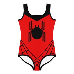 SPIDER WEB Inspired Kids Swimsuit Spider Girl One-Piece Swimsuit RED with Black Spider Spidergwen superhero swimsuit, kids costume