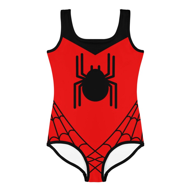 SPIDER WEB Inspired Kids Swimsuit Spider Girl One-Piece Swimsuit RED with Black Spider Spidergwen superhero swimsuit, kids costume