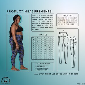 Puede incluir: Una tabla de tallas para leggings con bolsillos. La tabla muestra las medidas en pulgadas para el ancho de la cintura, la longitud de la entrepierna, la altura del tiro, la altura del bolsillo y el ancho del bolsillo. La tabla incluye tallas desde 2XS hasta 6XL. La imagen tambi&eacute;n muestra un par de leggings negros con bolsillos.