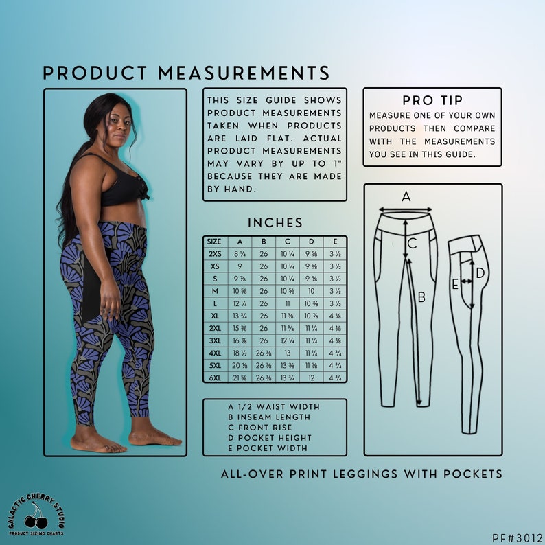Puede incluir: Una tabla de tallas para leggings con bolsillos. La tabla muestra las medidas en pulgadas para el ancho de la cintura, la longitud de la entrepierna, la altura del tiro, la altura del bolsillo y el ancho del bolsillo. La tabla incluye tallas desde 2XS hasta 6XL. La imagen tambi&eacute;n muestra un par de leggings negros con bolsillos.