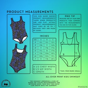 Puede incluir: Una tabla de tallas para un traje de ba&ntilde;o para ni&ntilde;os con estampado floral. La tabla muestra las medidas de ancho de pecho, ancho de cadera y longitud en pulgadas. La tabla tambi&eacute;n incluye un consejo profesional para medir un traje de ba&ntilde;o para ni&ntilde;os.