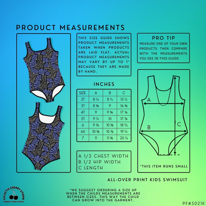 Puede incluir: Una tabla de tallas para un traje de ba&ntilde;o para ni&ntilde;os con estampado floral. La tabla muestra las medidas de ancho de pecho, ancho de cadera y longitud en pulgadas. La tabla tambi&eacute;n incluye un consejo profesional para medir un traje de ba&ntilde;o para ni&ntilde;os.