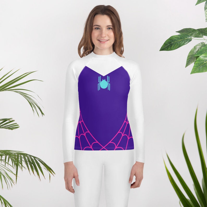TEEN SIZED Spider Gwen Rash Guard, Spidergwen shirt for Teenager, girls superhero costume, Youth spider costume, Spider Gwen top for girls