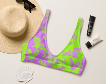 BAT BIKINI TOP Recycled padded bikini top purple and green bat flower Indie Bathing Suit Women alt swimsuit alternative swimwear Floral