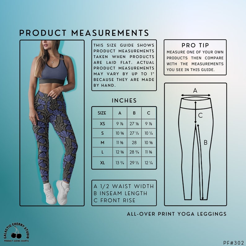 Op de afbeelding: Een maattabel voor yoga leggings met een all-over print. De tabel toont de maten in inches voor de taillebreedte, de binnenbeenlengte en de taillehoogte. De tabel omvat de maten XS, S, M, L en XL.