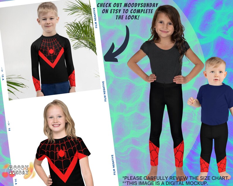 K&ouml;nnte beinhalten: Zwei Kinder tragen schwarze und rote Kleidung mit Spinnennetz-Muster. Das M&auml;dchen tr&auml;gt Leggings und der Junge tr&auml;gt ein Langarmshirt. Das Bild enth&auml;lt den Text "CHECK OUT MOODYSUNDAY ON ETSY TO COMPLETE THE LOOK!" und "PLEASE CARFULLY REVIEW THE SIZE CHART. **THIS IMAGE IS A DIGITAL MOCKUP."