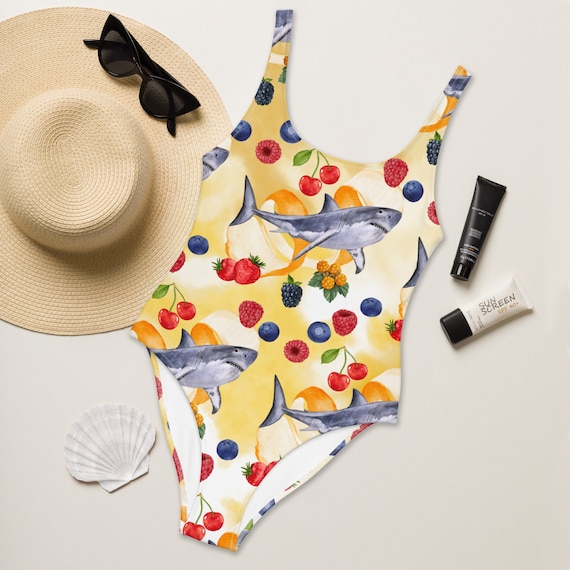 BERRY SHARK SWIMSUIT, One-piece Shark Swimsuit, Strawberry Swimsuit,  Blueberry, Raspberry, Cherry, Fruit 1 Pc Swimwear, Swimming Costume 