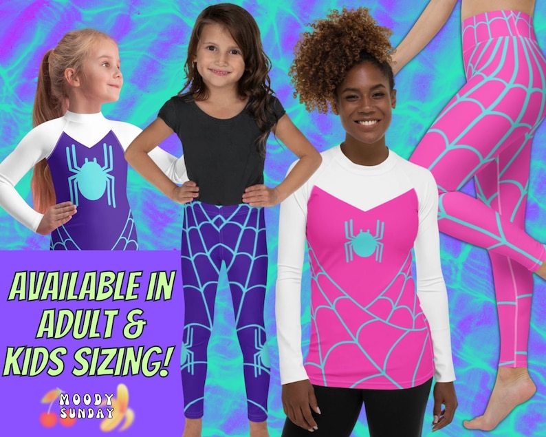 May include: Three people wearing leggings with a spider web and spider design. The leggings are available in adult and kids sizing. The leggings are purple, pink, and white with a blue spider.