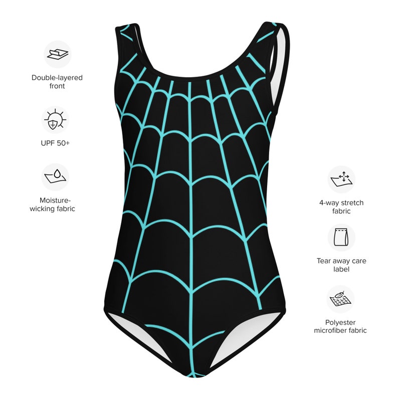 SPIDER GWEN STACY Inspired Kids Swimsuit Spider Girl One-Piece Swimsuit Black with Neon Spider Spidergwen superhero swimsuit, kids costume