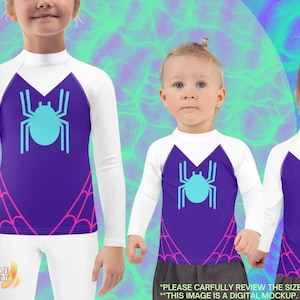 特大スパイダーロゴ、グウェンキッズラッシュガードスパイダーグウェンシャツ、女の子用スーパーヒーローコスチューム、子供用スパイダーコスチューム、女の子用スパイダーグウェントップス、Tシャツ