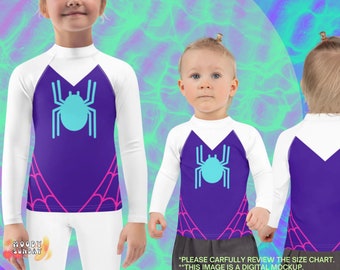 Camiseta Spidergwen con logotipo de araña extragrande, camiseta Rash Guard para niños de GWEN, disfraz de superhéroe para niñas, disfraz de araña para niños, camiseta Spider Gwen para niñas, camiseta