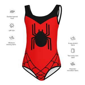 SPIDER WEB Inspired Kids Swimsuit Spider Girl One-Piece Swimsuit RED with Black Spider Spidergwen superhero swimsuit, kids costume