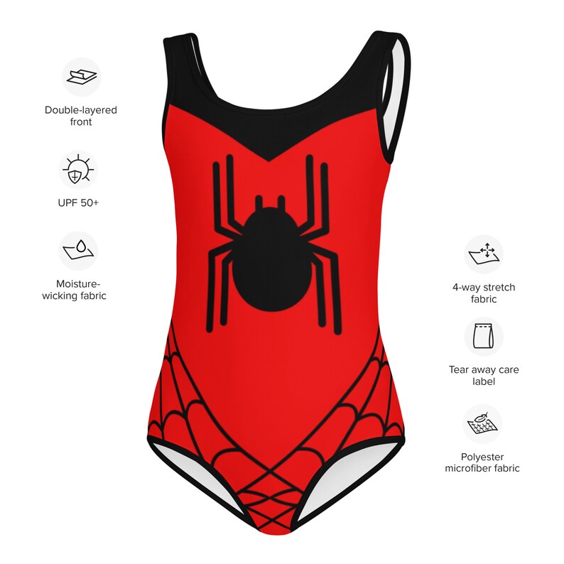 SPIDER WEB Inspired Kids Swimsuit Spider Girl One-Piece Swimsuit RED with Black Spider Spidergwen superhero swimsuit, kids costume
