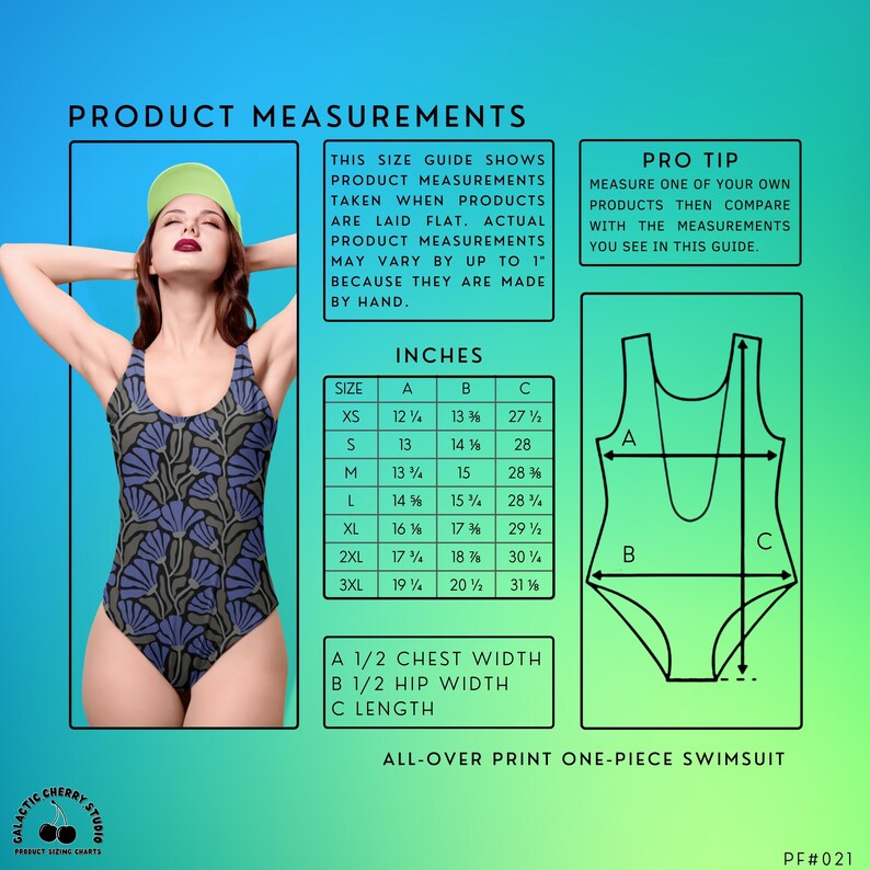 May include: A size chart for a one-piece swimsuit with measurements in inches. The chart shows the chest width, hip width, and length of the swimsuit in different sizes, from XS to 3XL. The chart also includes a diagram of the swimsuit with labels for the chest, hip, and length measurements.