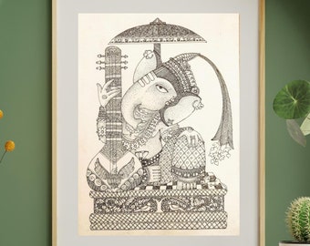 Ganesha Graphite Pencil Portrait Sketch - Hindu God Wall Art, Hand Drawn Ganesha Illustration, Detailed Pencil Artwork, Ganapati Decor