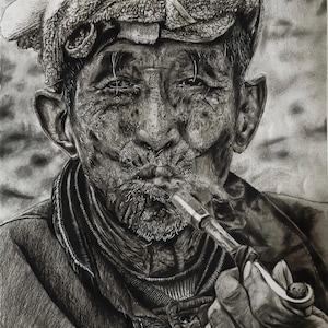 Dipinto a mano di un vecchio in grafite / Arte senza tempo per la decorazione delle pareti di casa e ufficio / Regalo premuroso per gli amanti dell'arte / Dimensioni 12x18 pollici