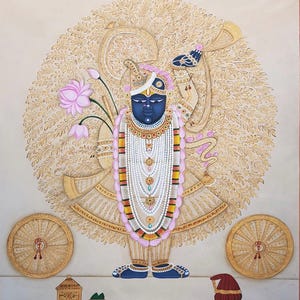 Handcrafted Shreenathji Maharaj Oil Painting on Canvas – Hindu God Wall Art for Puja Room, Spiritual Gift, and Traditional Indian Home Decor