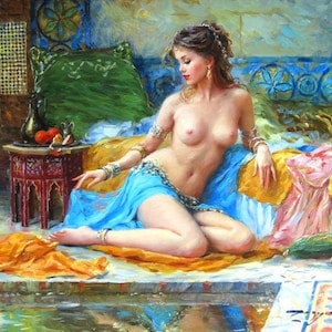 Elegant Female Figure Oil Painting on Bed – Hand-Painted Modern Wall Art on Canvas – Custom Size Woman Body Artwork for Bedroom, Living Room
