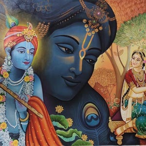 Original Radha Krishna Oil Painting on Canvas - Handcrafted Wall Art, Hindu God and Goddess Home Decor, Religious Art for Living Room Decor