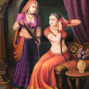Love Yourself Original Oil Painting, Indian Lady looking into the Mirror Art, Handmade Oil Portrait, Custom Size Art, Original Home Decor