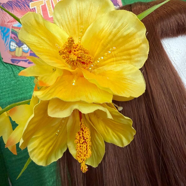 Tropical Double Hibiscus Rhinestone Hair Flower Clip