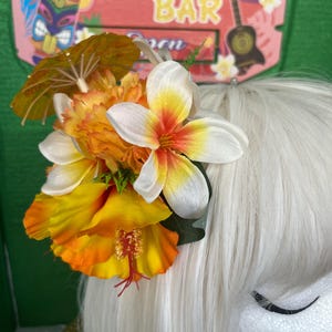 Tiki Hibiscus tropical hair flower mix with drink umbrella hair clip fascinator