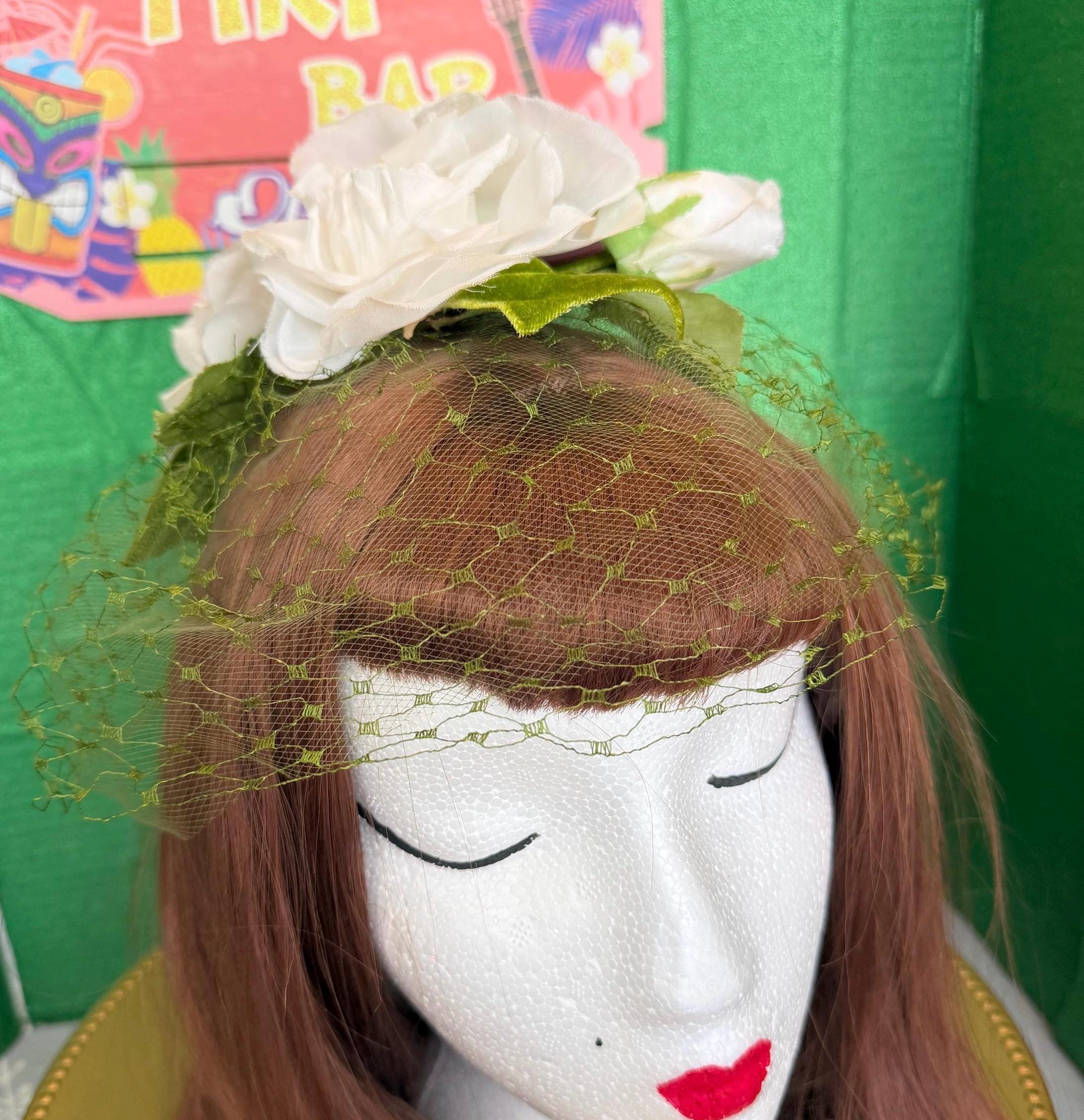 MCM 1950\'s Fascinator Hat Headpiece Green Veiled Satin Jacquard MAY D&F 50s Green Fascinator - Etsy main image 3