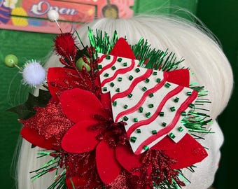 Double Red Glitter Poinsettia Christmas Silk Flower Hair  display picture 3