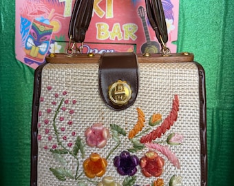 Vintage Rafia Floral Tiki Tote Bag Purse by Whidby