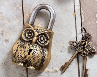 Brass Owl Design PadLock With Keys, Indian HandCrafted Functional Unique Lock, Owl Bird Hardware Antique Locks, Home Decor,Brass Locks,Gifts