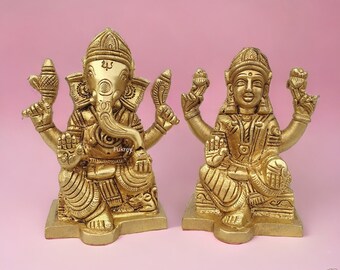 4" Inch Brass Lakshmi Ganesha Statue, Laxmi Ganesh Set Idol, Lord Ganesha Lakshmi Figure, Ganesha Laxmi Figurine for New Beginning, Gift