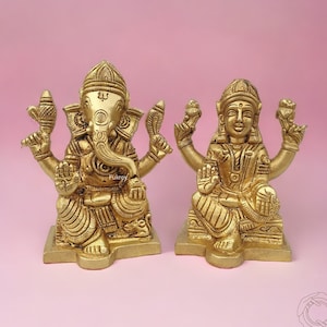 4&quot; Inch Brass Lakshmi Ganesha Statue, Laxmi Ganesh Set Idol, Lord Ganesha Lakshmi Figure, Ganesha Laxmi Figurine for New Beginning, Gift