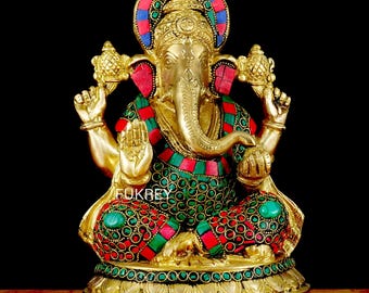 Estatua de Ganesha de latón de 20 cm con mampostería, gran estatua de Ganesha de latón, Ganapathy, ídolo hindú del dios elefante Murti, regalo de buena suerte para nuevos comienzos.